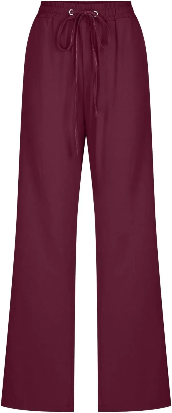 Womens Casual Summer Pants 2024 Straight Leg Drawstring Elastic High Waist Cotton Linen Pants Loose Comfy Trousers