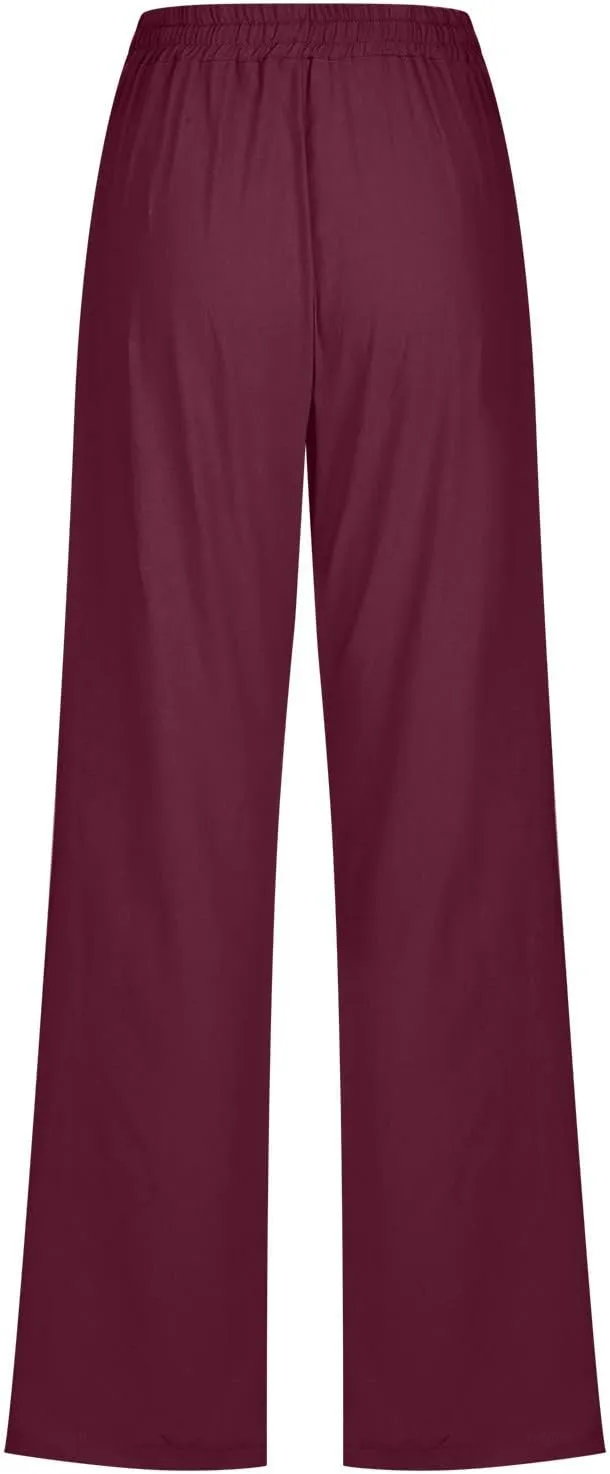Womens Casual Summer Pants 2024 Straight Leg Drawstring Elastic High Waist Cotton Linen Pants Loose Comfy Trousers