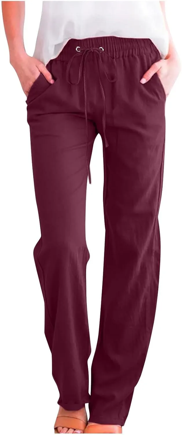 Womens Casual Summer Pants 2024 Straight Leg Drawstring Elastic High Waist Cotton Linen Pants Loose Comfy Trousers