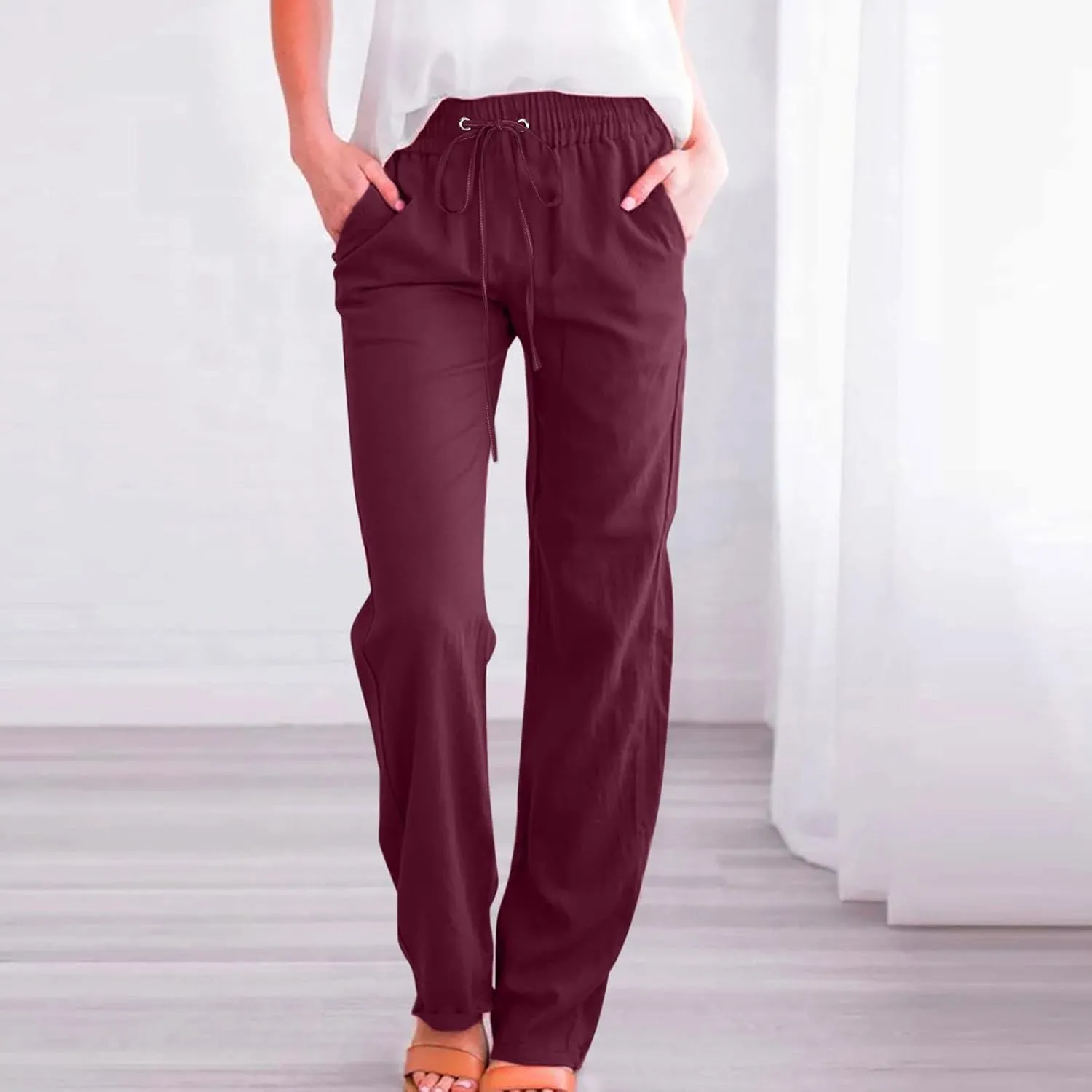 Womens Casual Summer Pants 2024 Straight Leg Drawstring Elastic High Waist Cotton Linen Pants Loose Comfy Trousers