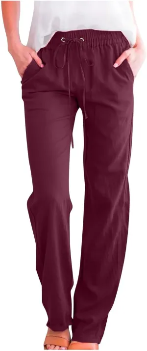 Womens Casual Summer Pants 2024 Straight Leg Drawstring Elastic High Waist Cotton Linen Pants Loose Comfy Trousers