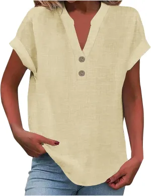 Womens Cotton Linen Blouse Short Sleeve Button V Neck Henley Shirts Lightweight Loose Fit Comfy Casual Summer T Shirt