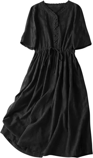 Women's Cotton Linen Dresses Summer Embroidered Sleeve A Line Comfy Cotton Maxi Dress Trendy Summer Vacation Clothes
