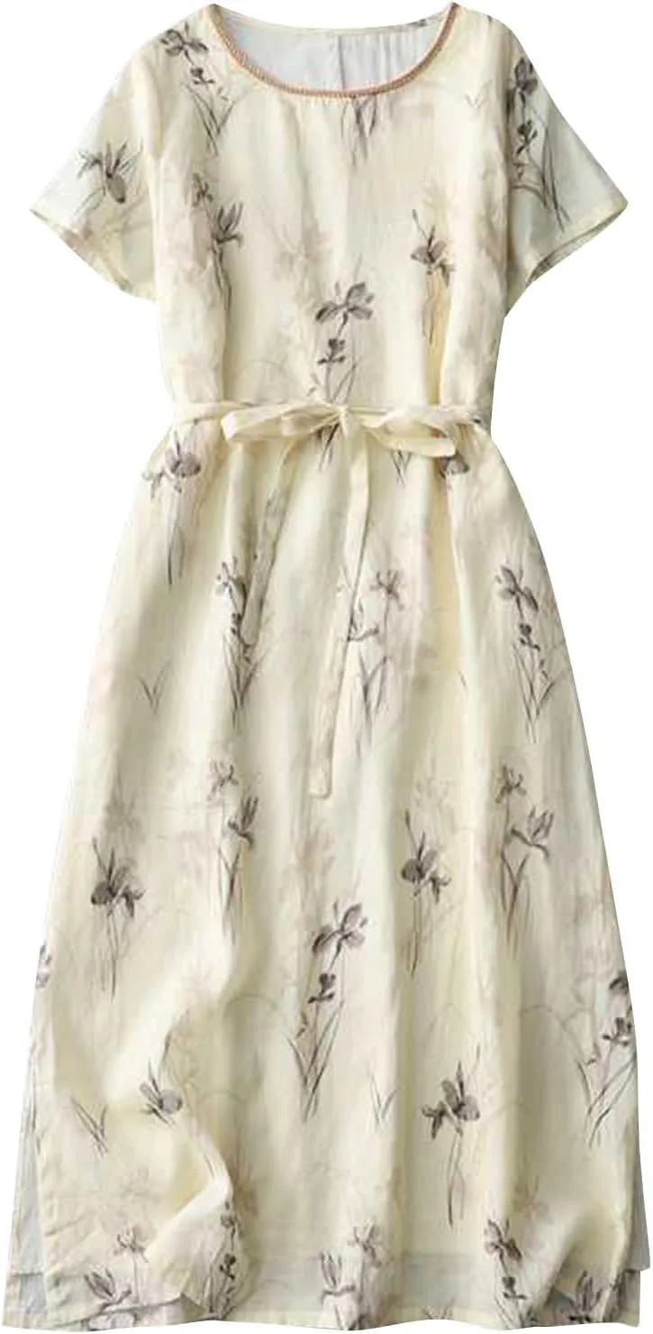 Women's Cotton Linen Dresses Summer Plus Size Floral Tunic Maxi Dreses Dressy Casual Summer Vacation Outfits
