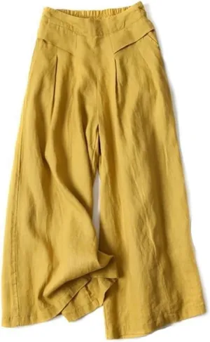 Womens Cotton Linen Palazzo Pants Casual High Elastic Waist Wide Leg Pants Summer Comfortable Flowy Pant