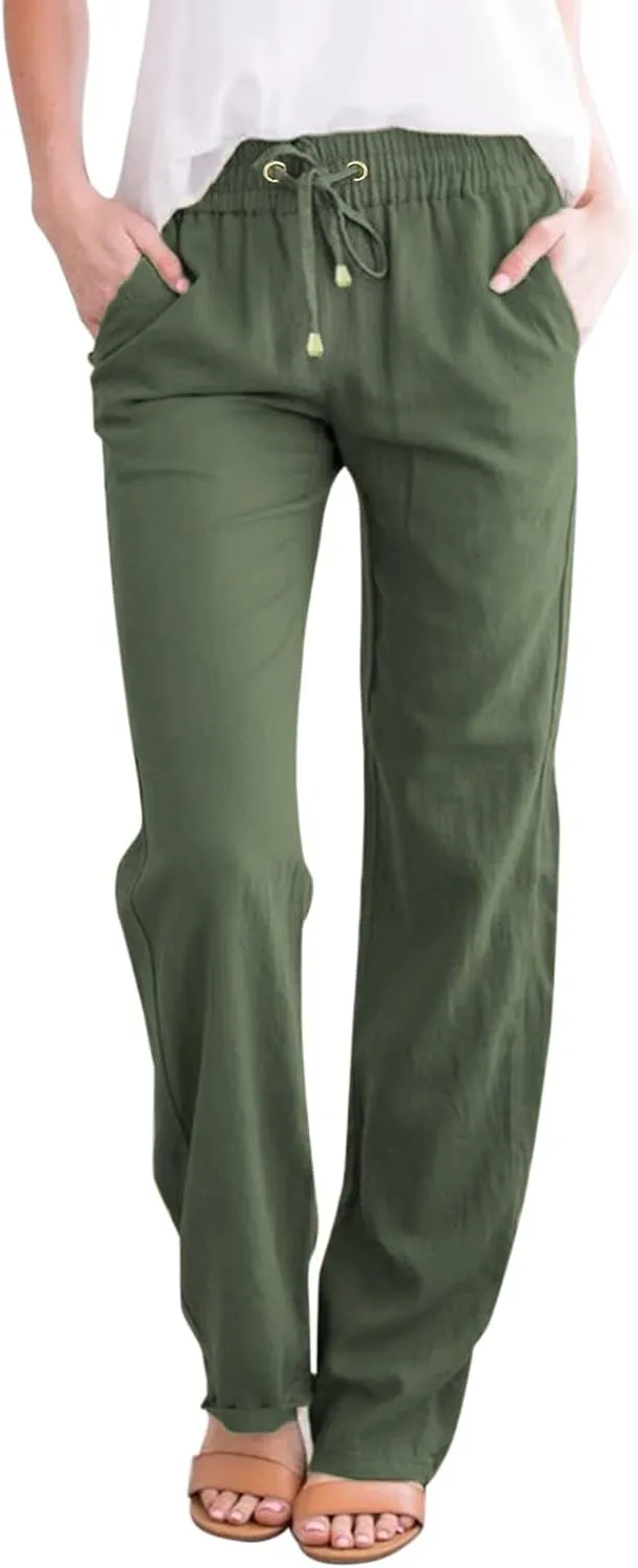 Women's Cotton Linen Pants 2025 Summer Casual Elastic Waist Trousers Relax Fit Comfy Yoga Beach Pant Sweatpants