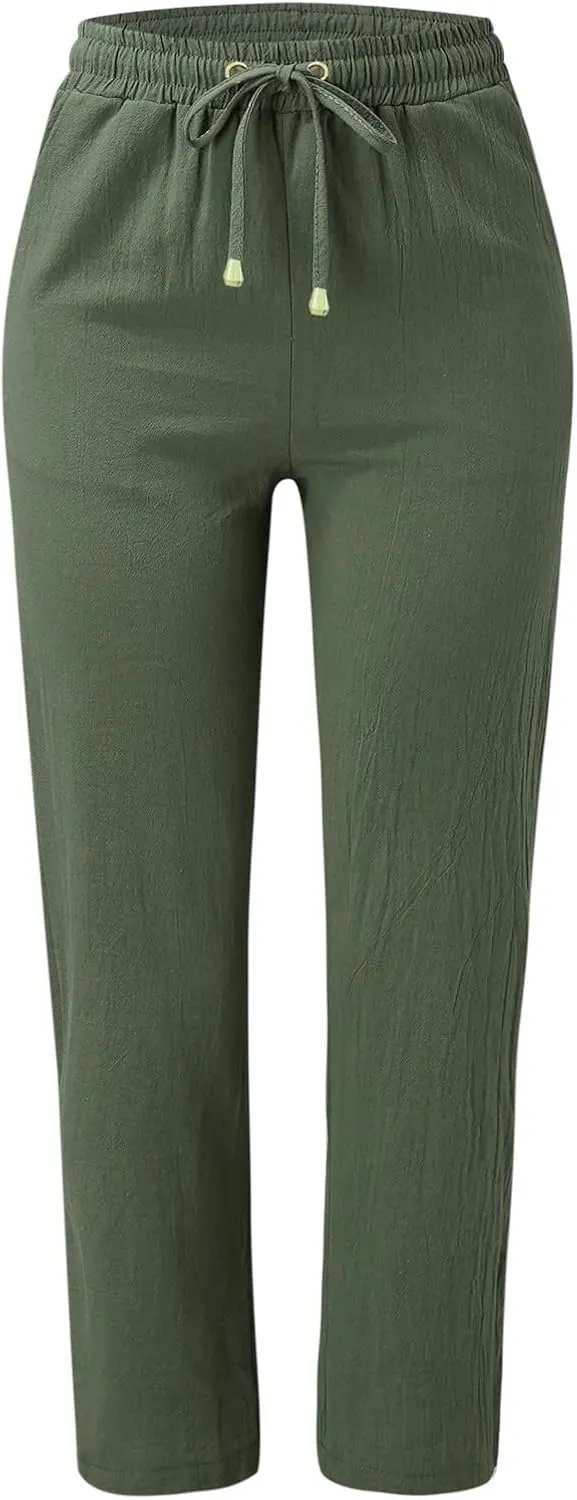 Women's Cotton Linen Pants 2025 Summer Casual Elastic Waist Trousers Relax Fit Comfy Yoga Beach Pant Sweatpants