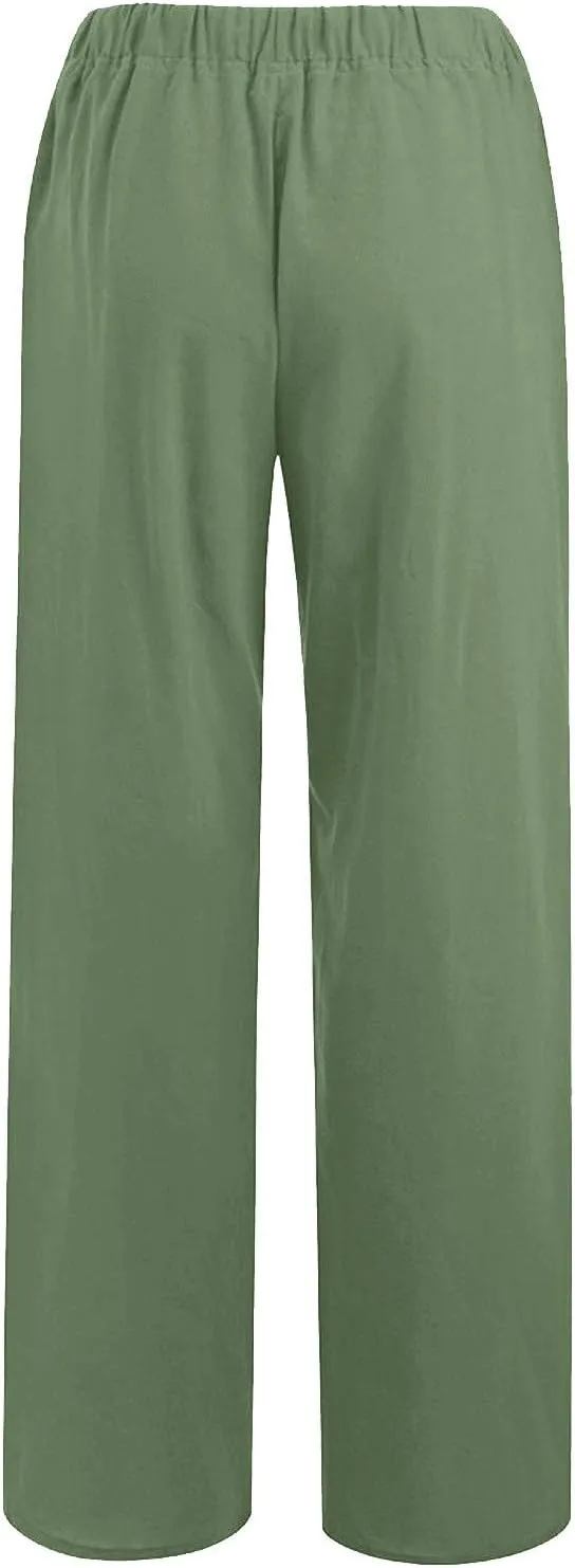 Women's Cotton Linen Pants,Summer Wide Leg Casual Loose Drawstring High Waist Palazzo Pants with Pockets