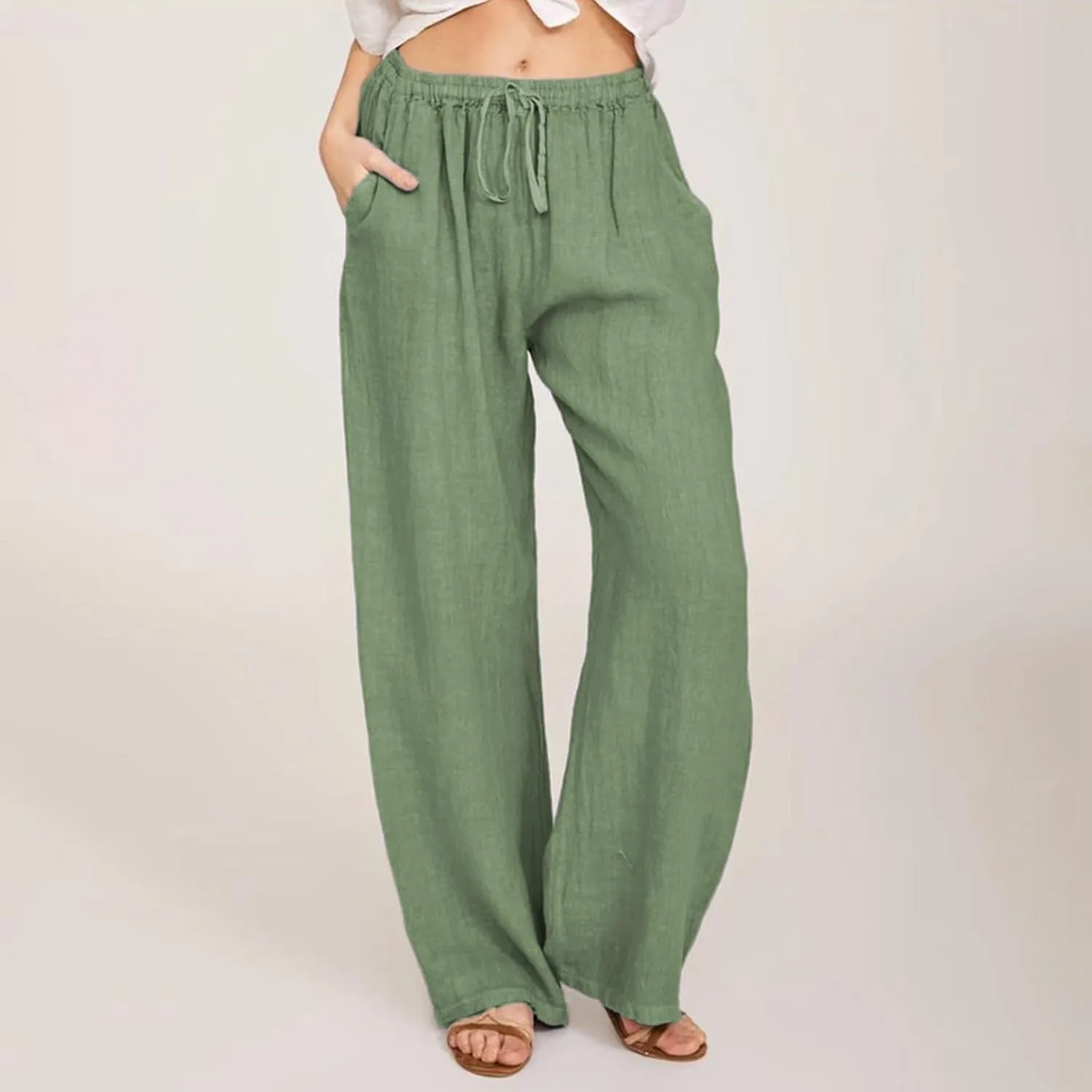 Women's Cotton Linen Pants,Summer Wide Leg Casual Loose Drawstring High Waist Palazzo Pants with Pockets