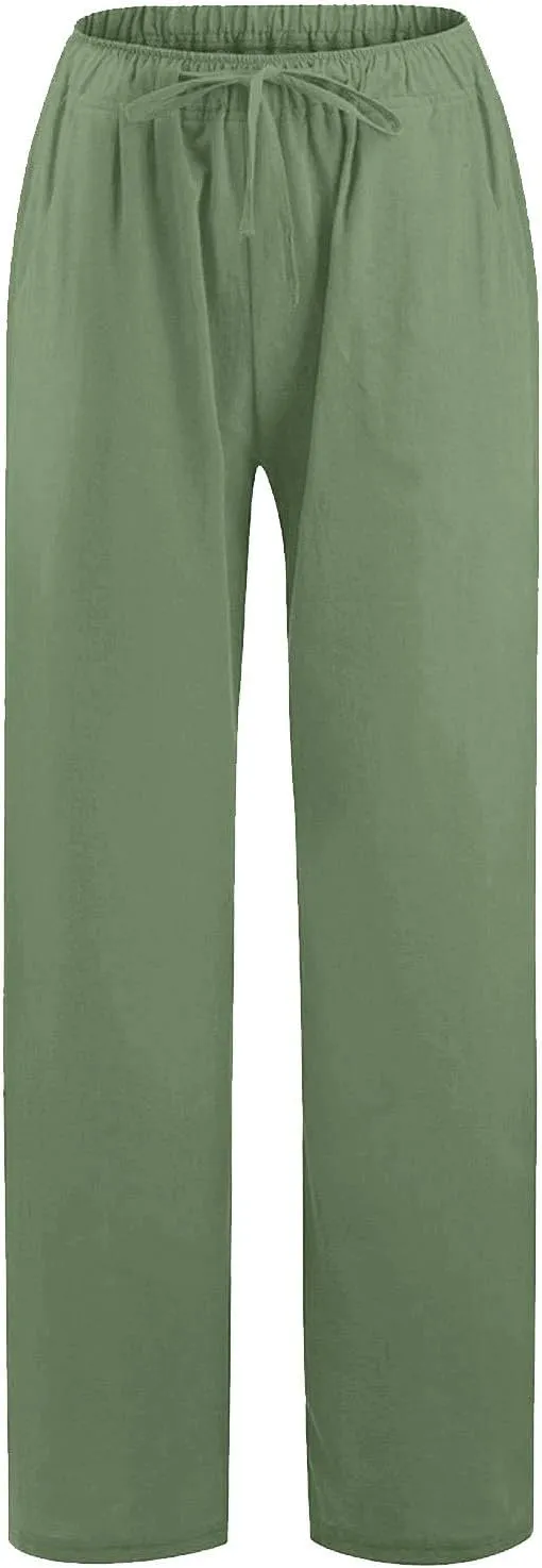 Women's Cotton Linen Pants,Summer Wide Leg Casual Loose Drawstring High Waist Palazzo Pants with Pockets
