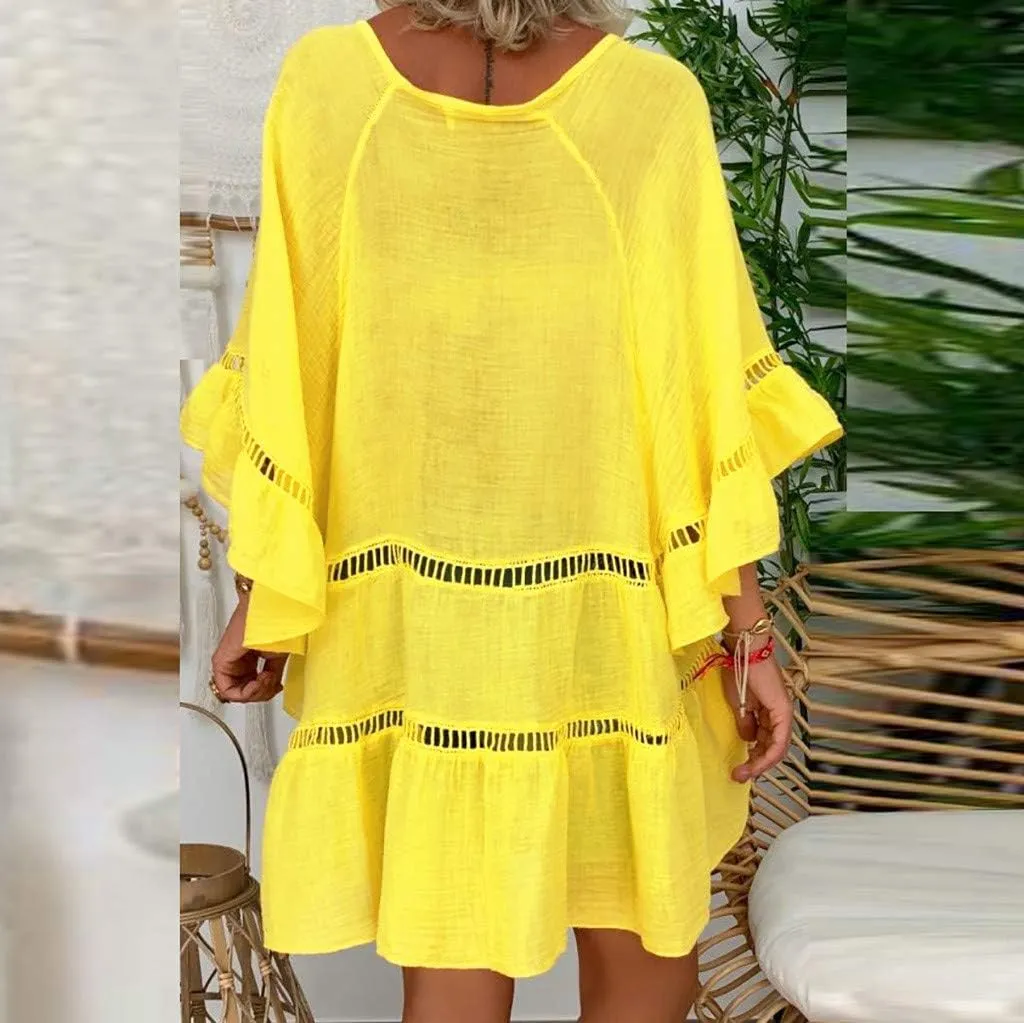 Women's Cotton Linen Shirts Loose Fit Ruffle Boho Summer Tops Half Sleeve Button Down Blouses Plus Size Tunic Tshirt