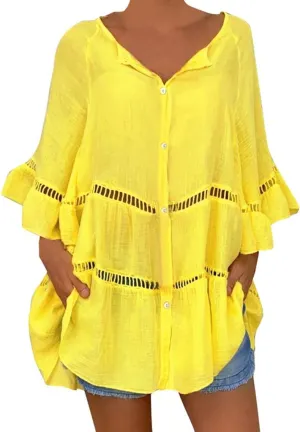 Women's Cotton Linen Shirts Loose Fit Ruffle Boho Summer Tops Half Sleeve Button Down Blouses Plus Size Tunic Tshirt