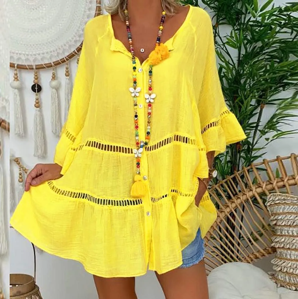 Women's Cotton Linen Shirts Loose Fit Ruffle Boho Summer Tops Half Sleeve Button Down Blouses Plus Size Tunic Tshirt