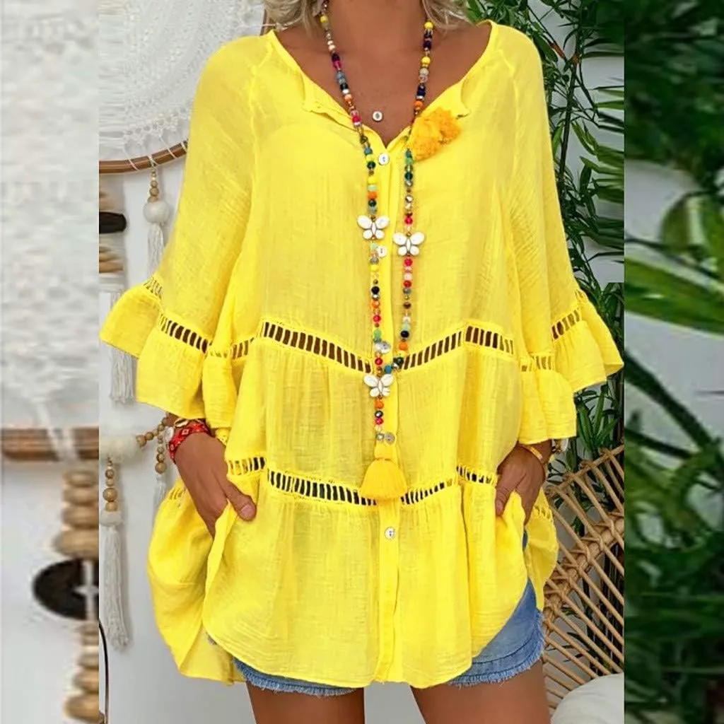 Women's Cotton Linen Shirts Loose Fit Ruffle Boho Summer Tops Half Sleeve Button Down Blouses Plus Size Tunic Tshirt