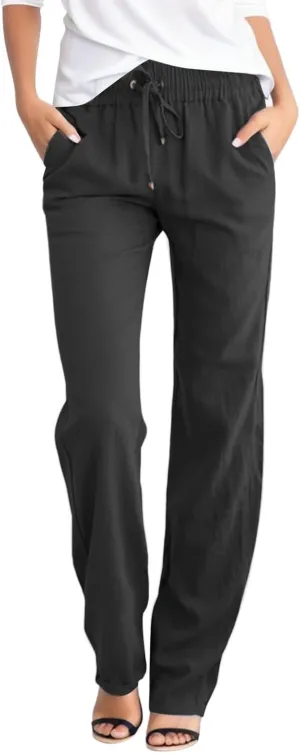 Women's Cotton Linen Summer Cropped Pants Elastic Waist Wide Leg Loose Fit Palazzo Pants Travel