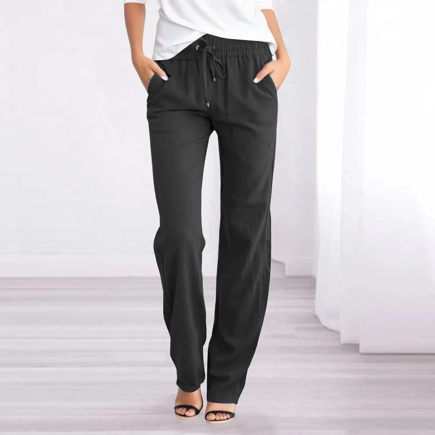 Women's Cotton Linen Summer Cropped Pants Elastic Waist Wide Leg Loose Fit Palazzo Pants Travel