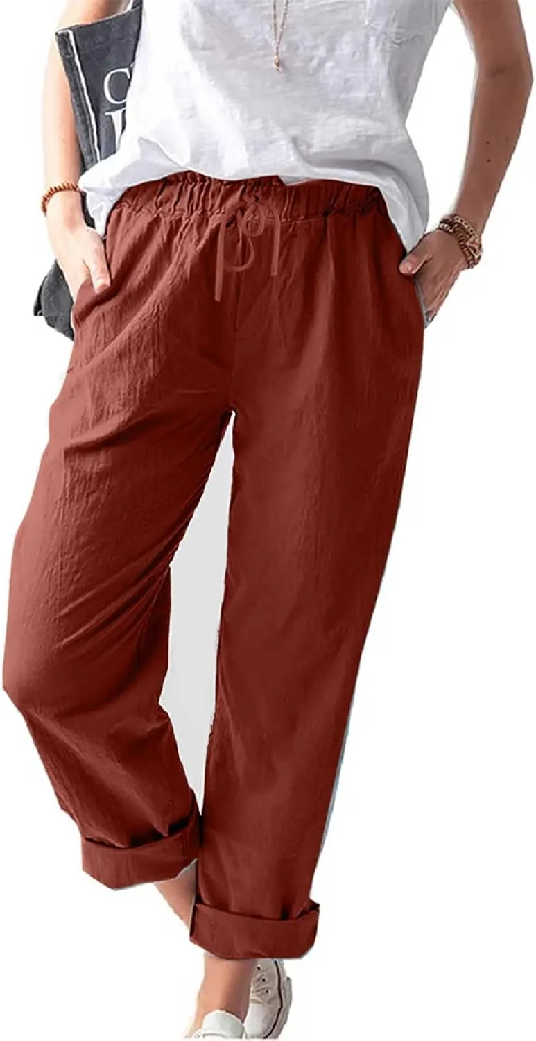 Women's Cotton Linen Summer Palazzo Pants Flowy Wide Leg Beach Trousers Pockets Lounge Plain Drawstring Trousers