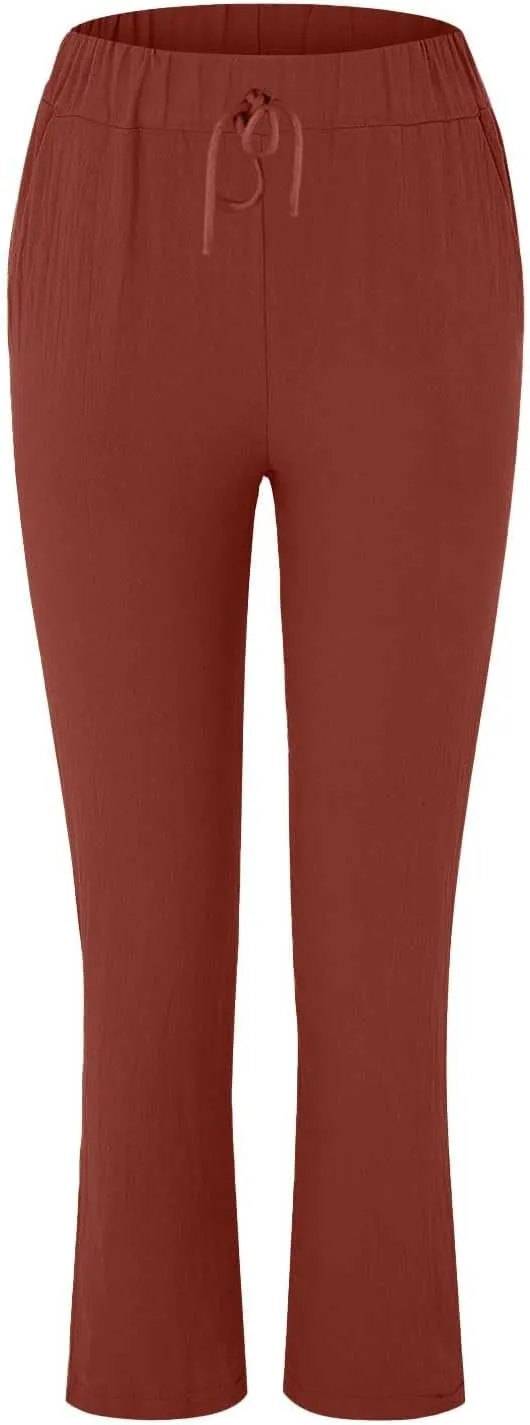 Women's Cotton Linen Summer Palazzo Pants Flowy Wide Leg Beach Trousers Pockets Lounge Plain Drawstring Trousers