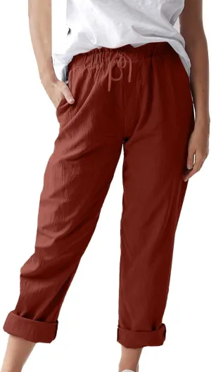 Women's Cotton Linen Summer Palazzo Pants Flowy Wide Leg Beach Trousers Pockets Lounge Plain Drawstring Trousers