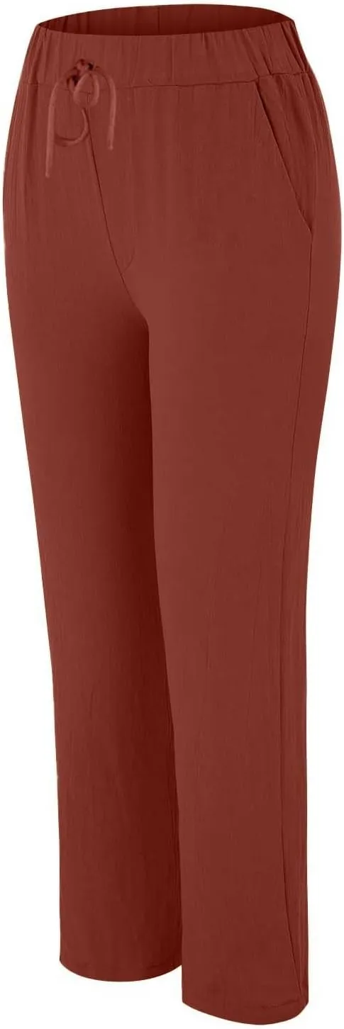 Women's Cotton Linen Summer Palazzo Pants Flowy Wide Leg Beach Trousers Pockets Lounge Plain Drawstring Trousers