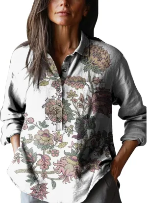 Women's Cotton Linen V-Neck Collar Women's Retro Floral Art Print Casual Long Sleeve Long Sleeve Cotton Gauze Tops