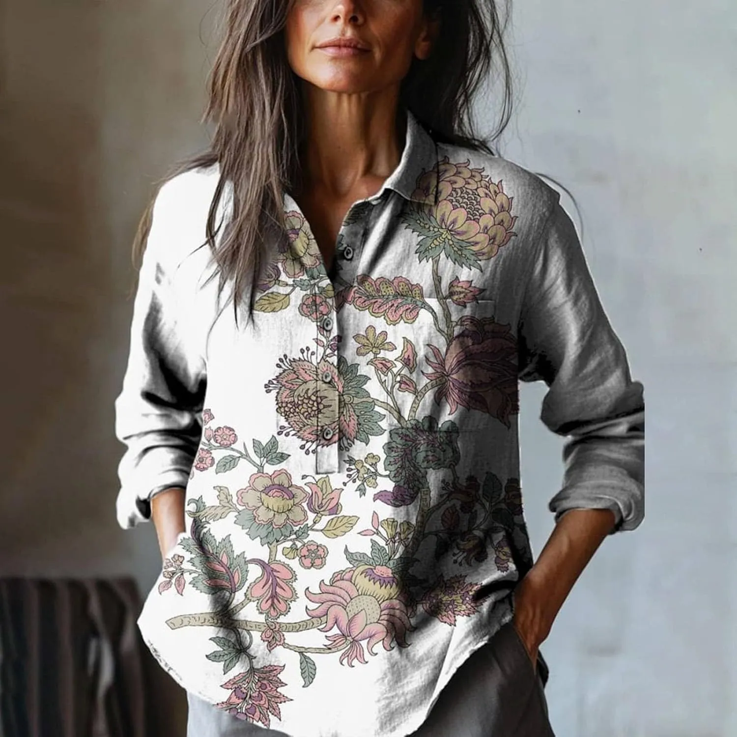 Women's Cotton Linen V-Neck Collar Women's Retro Floral Art Print Casual Long Sleeve Long Sleeve Cotton Gauze Tops