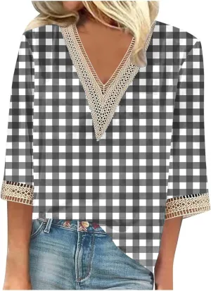Womens Cute Summer Tops 2024 Marble Print Dressy Causal Shirts Lace Trim V Neck Blouse Tunic Trendy Vacation Outfits