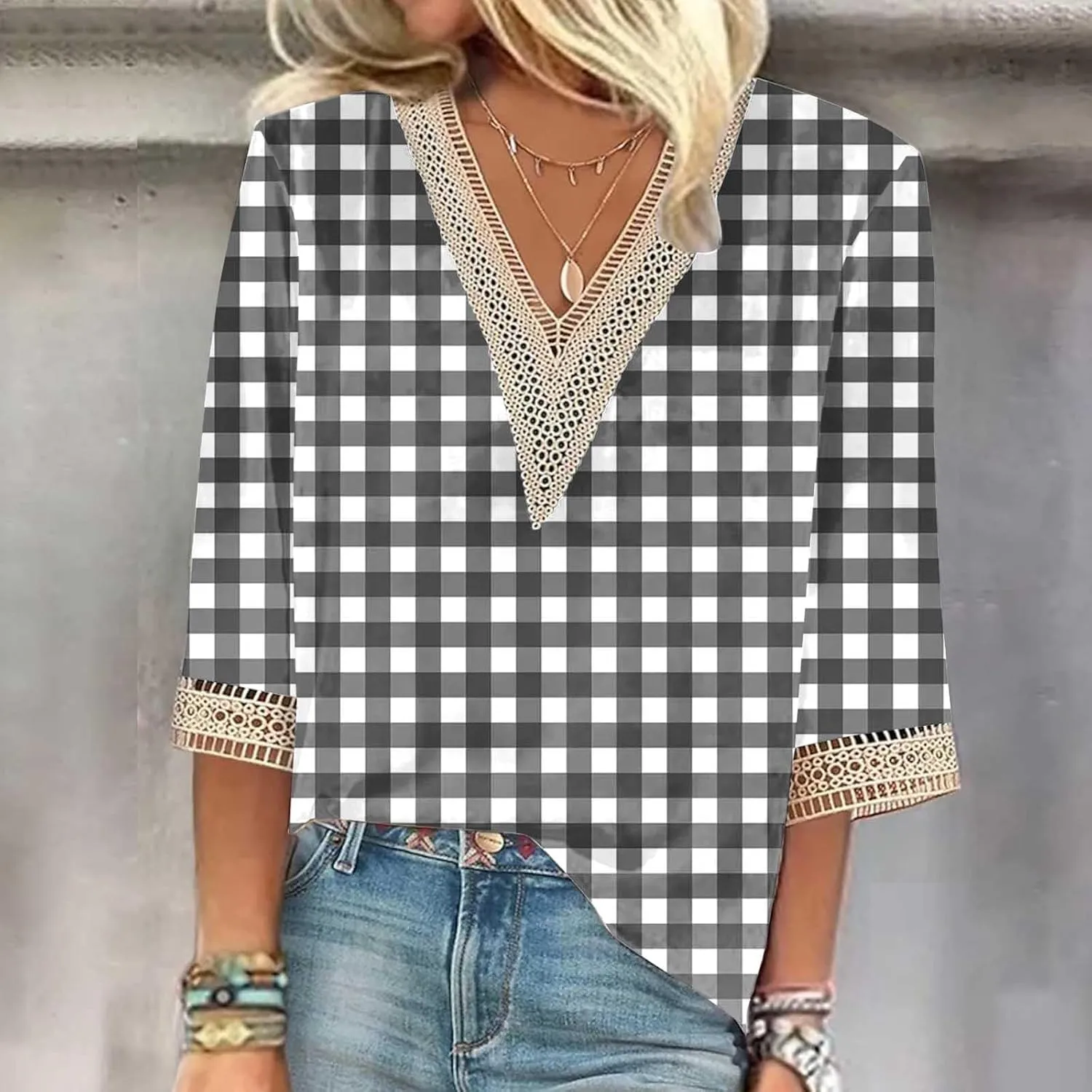 Womens Cute Summer Tops 2024 Marble Print Dressy Causal Shirts Lace Trim V Neck Blouse Tunic Trendy Vacation Outfits