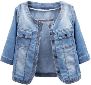 Womens Denim Jacket Button Down Collarless 3/4 Sleeve Cropped Jean Jacket Short Jean Jackets with Pockets Fall 2023