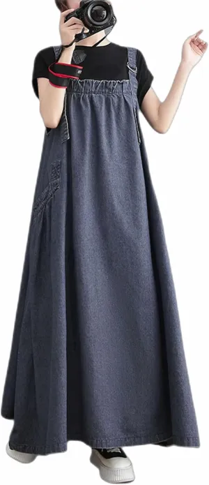 Women's Denim Pullover Casual Loose Sleeveless Adjustable Strap Denim Dress with Pockets and Wide Hem