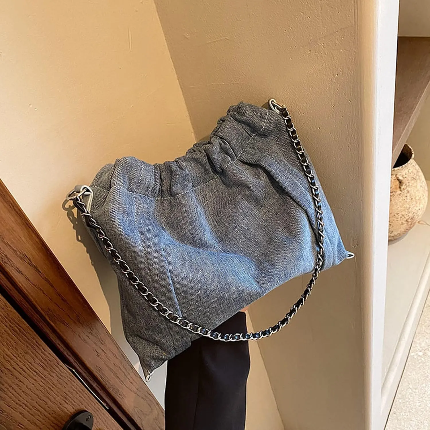 Women's diamond grid chain denim shoulder bag handbag y2kdenim bagsHobo crossbody bag mini wallet