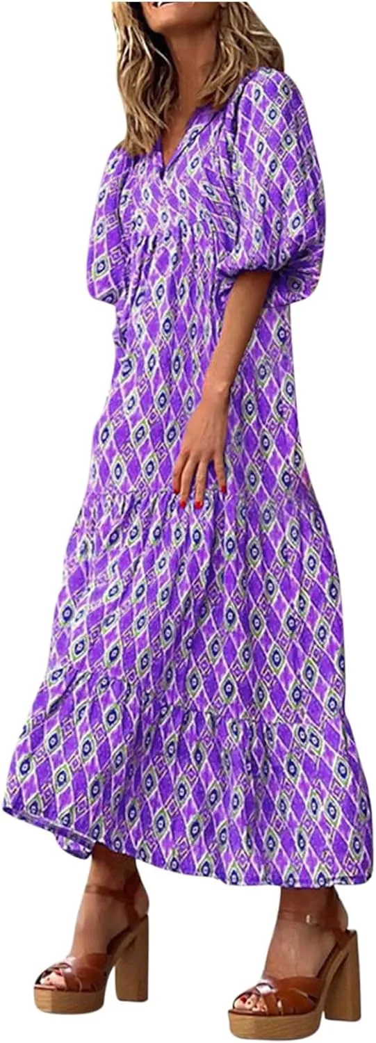 Women's Elbow Sleeve Trendy Summer Dresses Boho Floral Print Midi Dresses Flowy Loose Casual Beach Dress