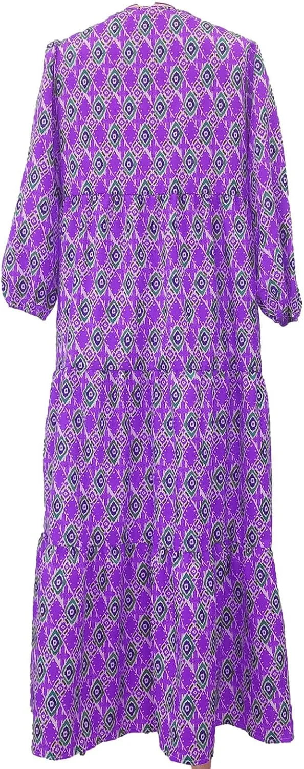 Women's Elbow Sleeve Trendy Summer Dresses Boho Floral Print Midi Dresses Flowy Loose Casual Beach Dress