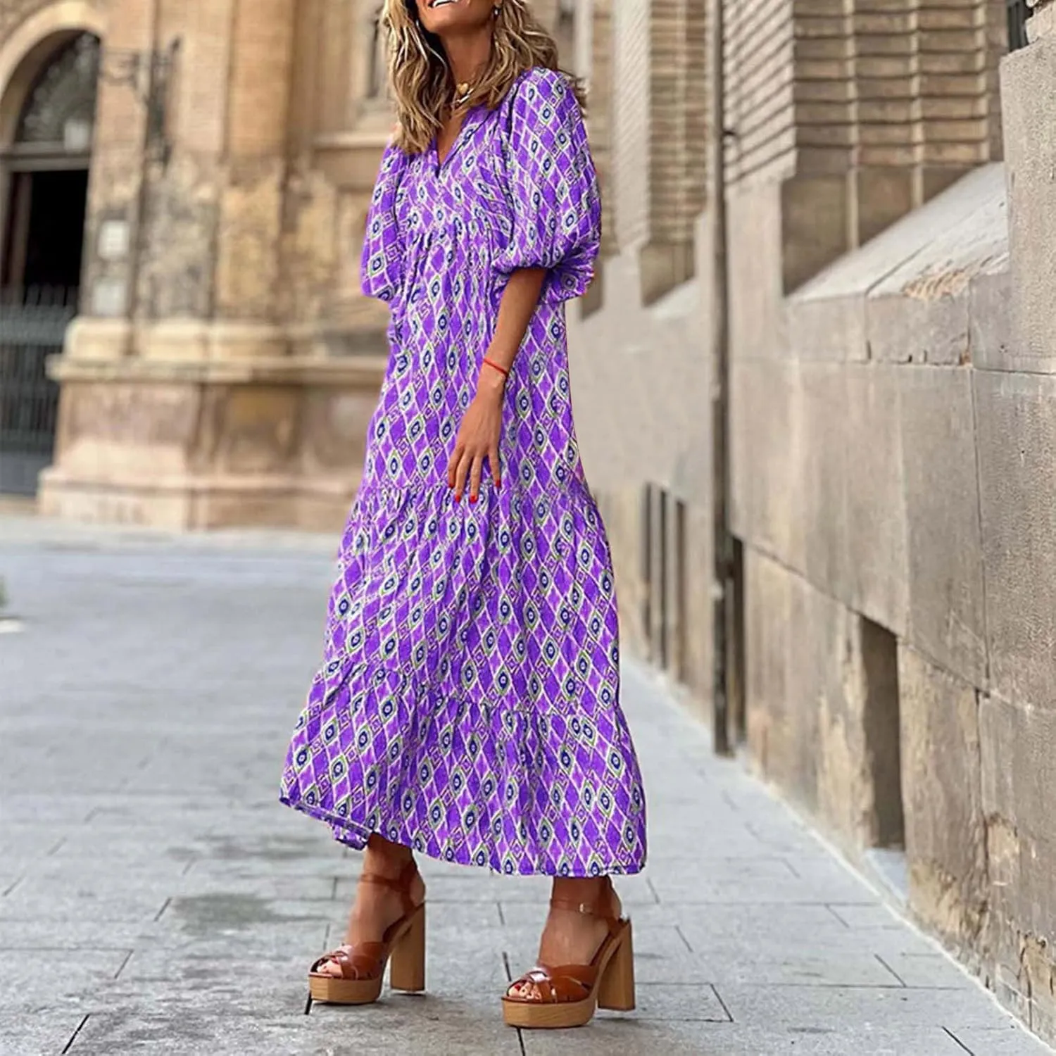 Women's Elbow Sleeve Trendy Summer Dresses Boho Floral Print Midi Dresses Flowy Loose Casual Beach Dress