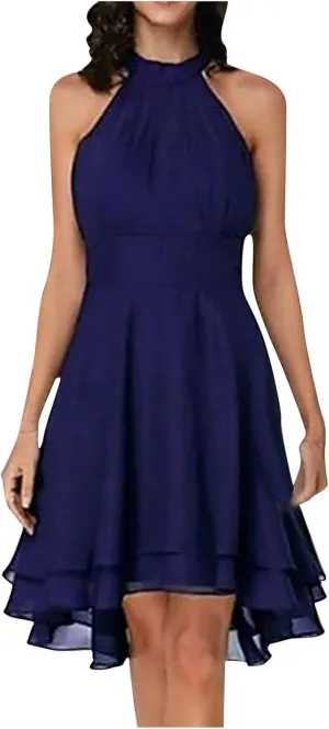 Womens Elegant High Low Chiffon Dress Flowy Summer Sleeveless Formal Sundress Ruffle Hem Solid Party Cocktail Dresses