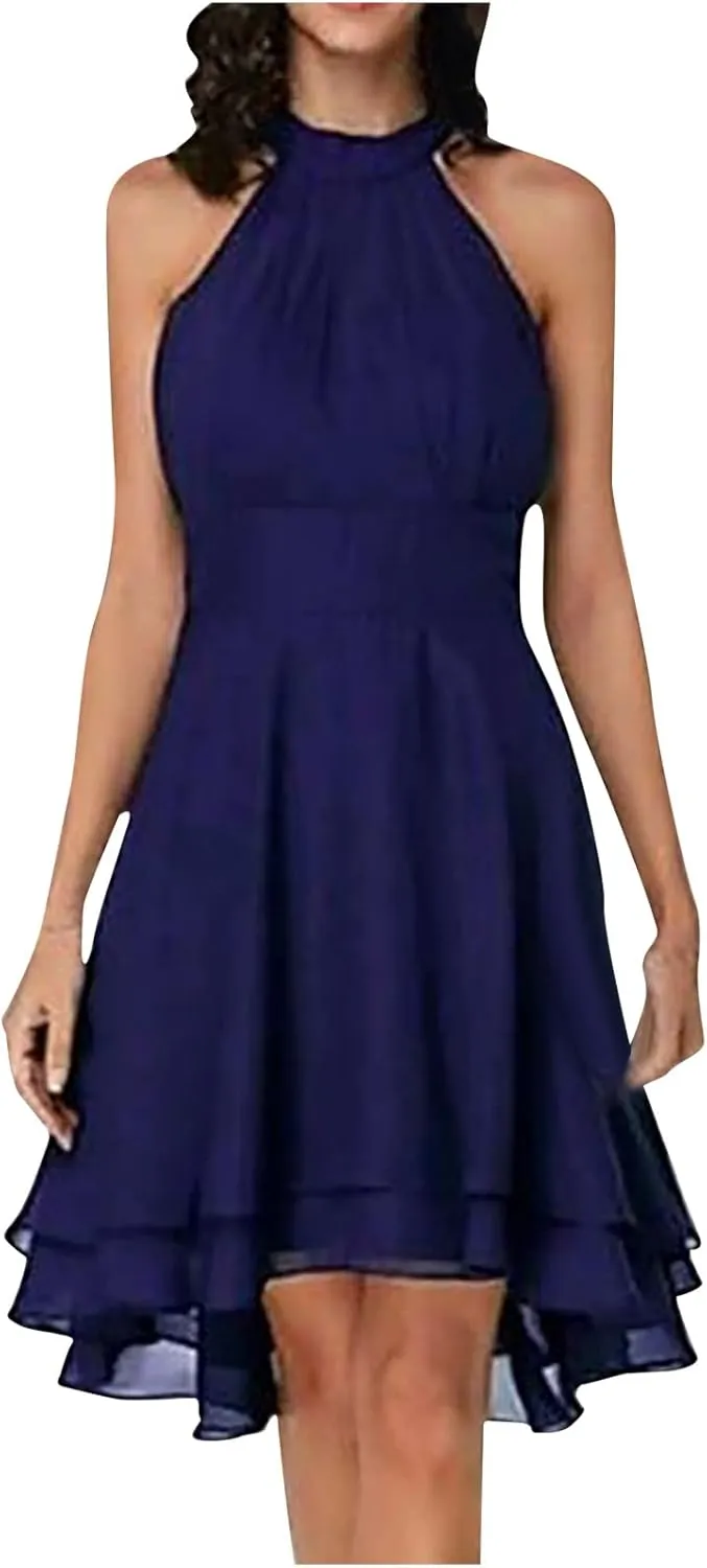 Womens Elegant High Low Chiffon Dress Flowy Summer Sleeveless Formal Sundress Ruffle Hem Solid Party Cocktail Dresses