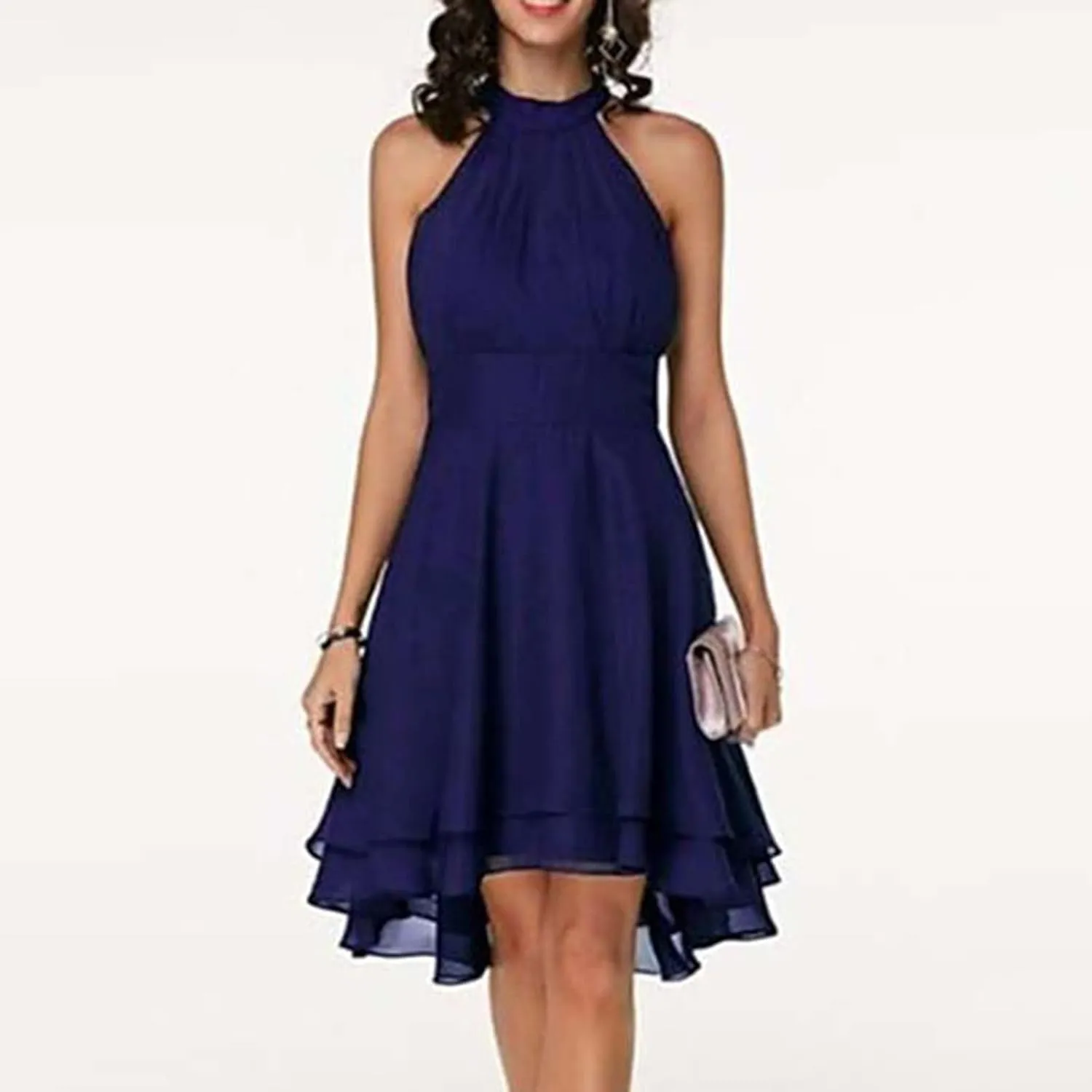 Womens Elegant High Low Chiffon Dress Flowy Summer Sleeveless Formal Sundress Ruffle Hem Solid Party Cocktail Dresses