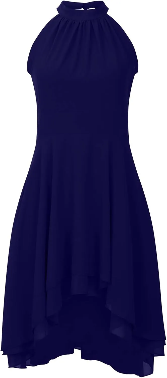 Womens Elegant High Low Chiffon Dress Flowy Summer Sleeveless Formal Sundress Ruffle Hem Solid Party Cocktail Dresses