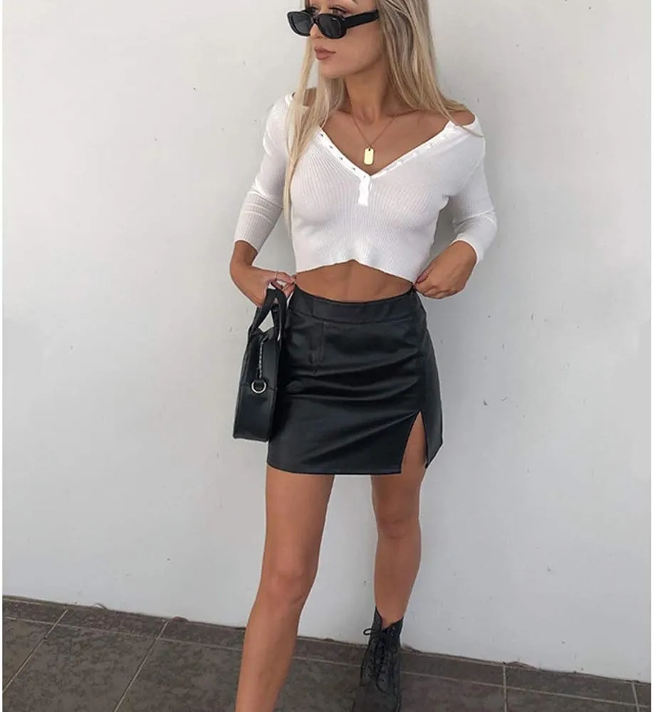 Womens Faux Leather High Waist Slit Hem Pencil Skirt Sexy Mini Bodycon Skinny Solid Black