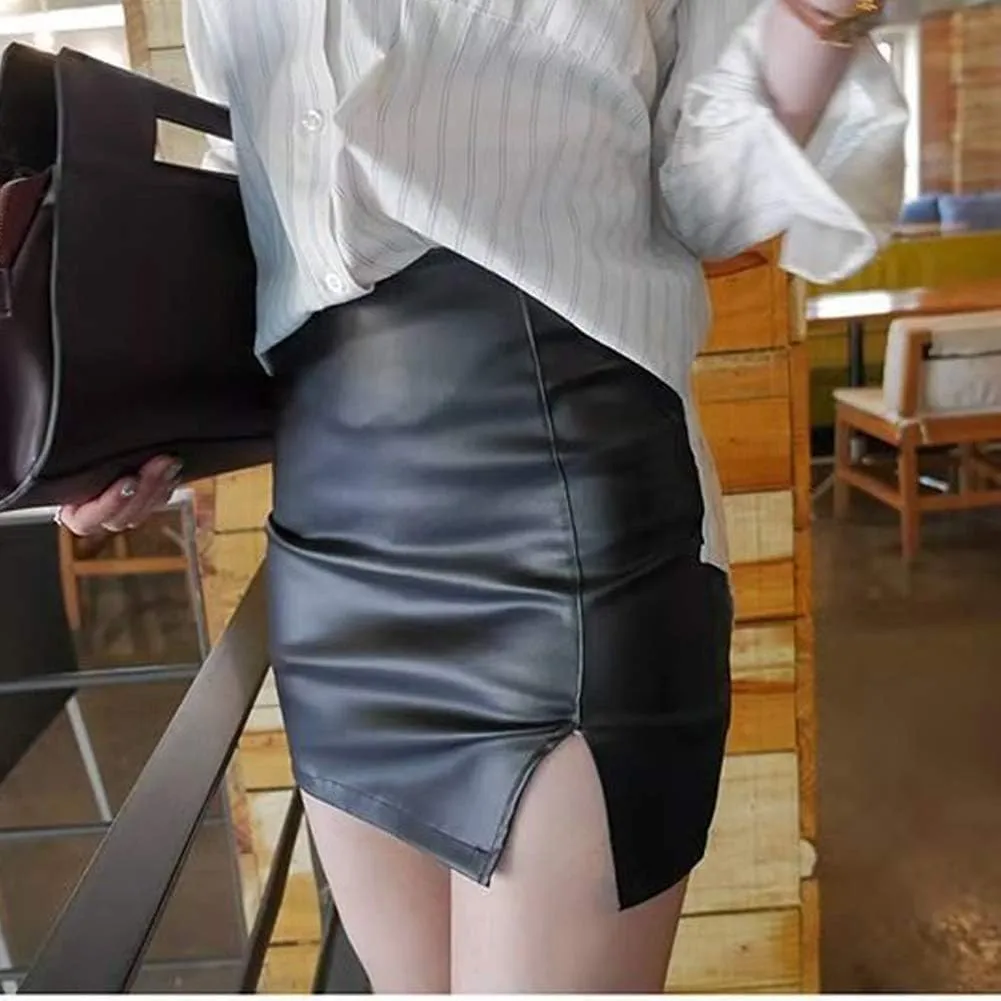 Womens Faux Leather High Waist Slit Hem Pencil Skirt Sexy Mini Bodycon Skinny Solid Black