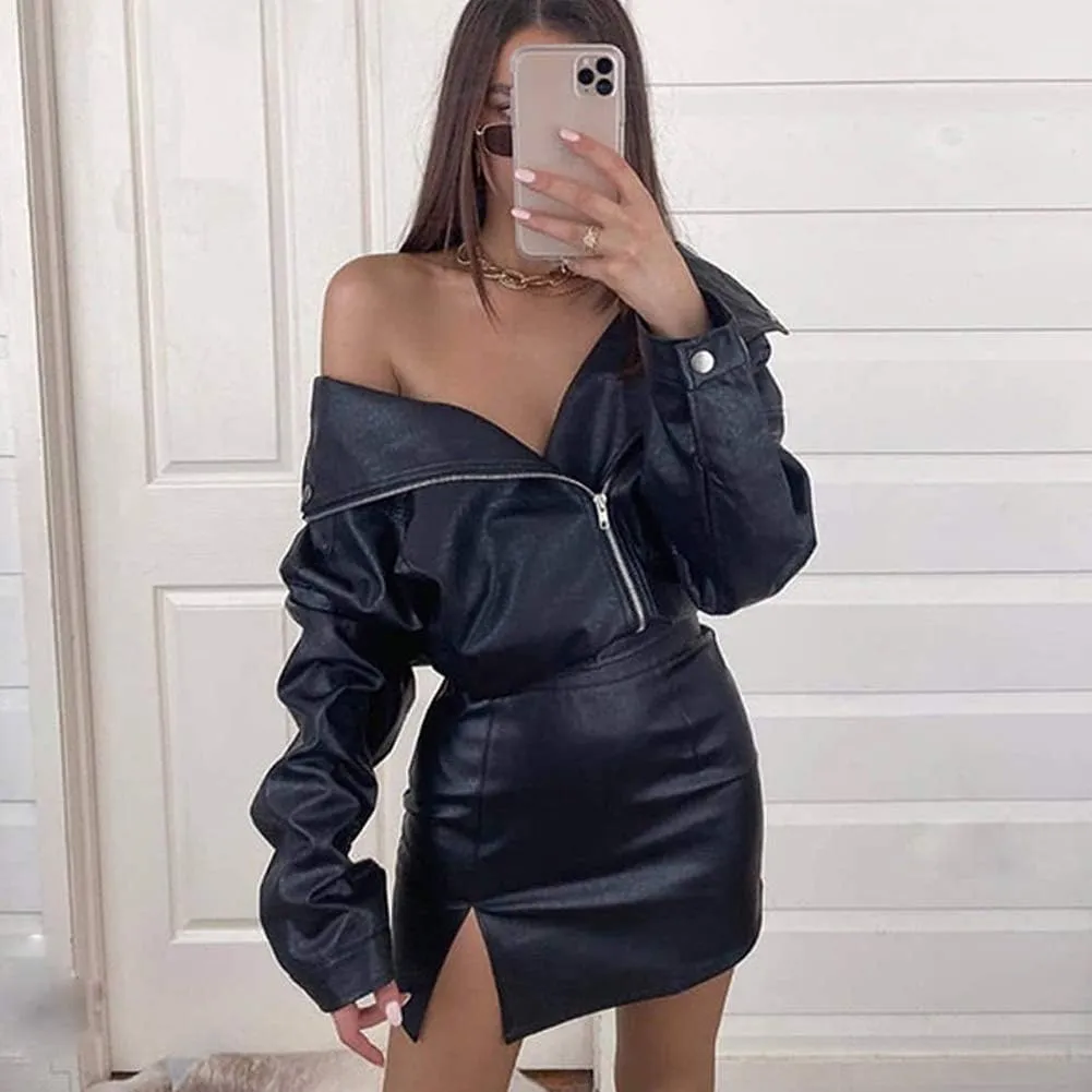 Womens Faux Leather High Waist Slit Hem Pencil Skirt Sexy Mini Bodycon Skinny Solid Black