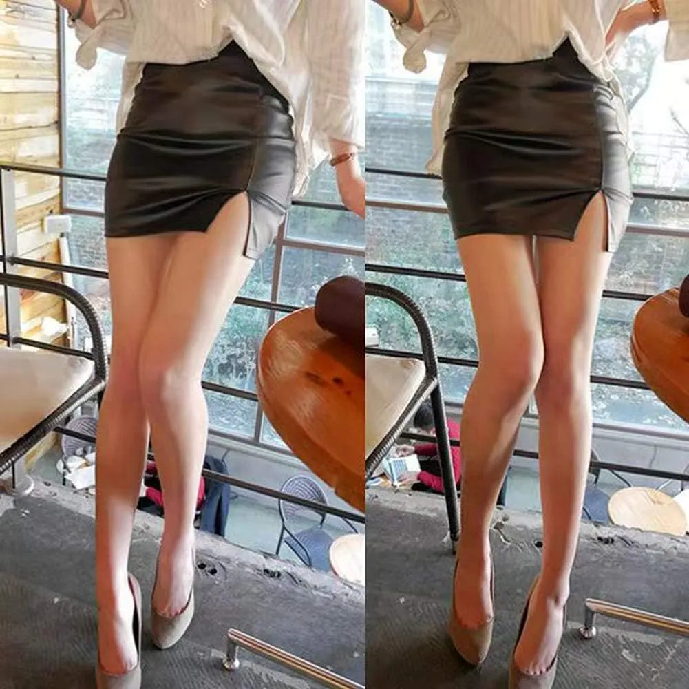 Womens Faux Leather High Waist Slit Hem Pencil Skirt Sexy Mini Bodycon Skinny Solid Black