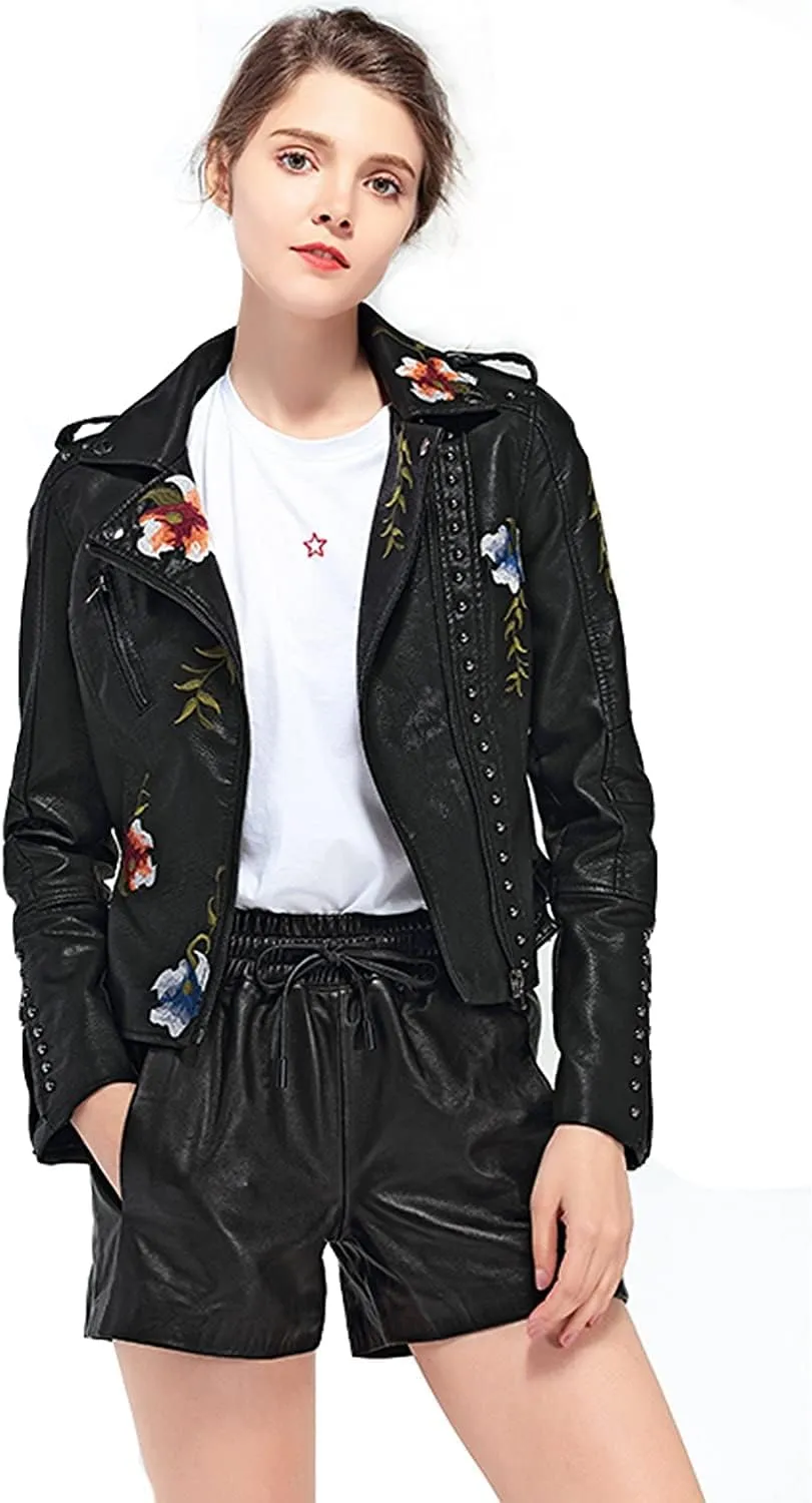 Women's Faux Leather Jacket with Floral Embroidery