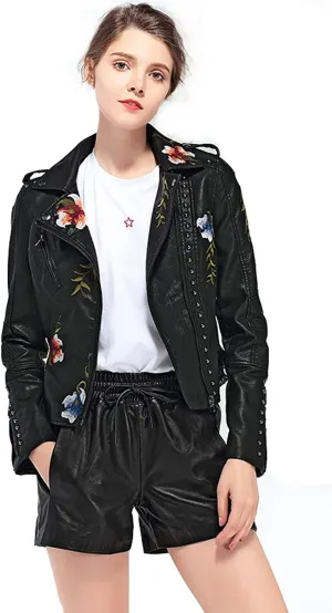 Women's Faux Leather Jacket with Floral Embroidery