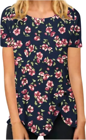 Women's Floral Print Summer Blouses Dressy Casual Short Sleeve Ladies Tops Cute Tunics Shirts Trendy Clothing 2024