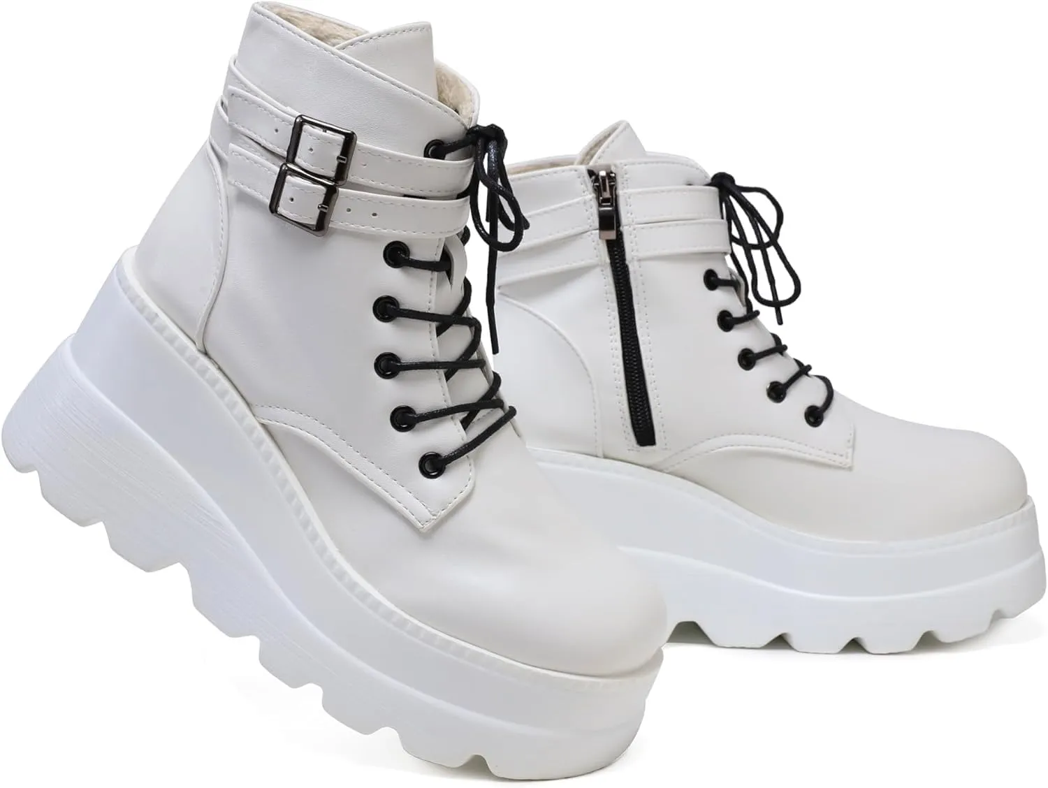 Womens Goth Platform Boots Chunky High Heel Booties Round Toe Combat Ankle Boots Womens Lace Up Motorcycle Wedges Shoes