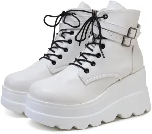 Womens Goth Platform Boots Chunky High Heel Booties Round Toe Combat Ankle Boots Womens Lace Up Motorcycle Wedges Shoes