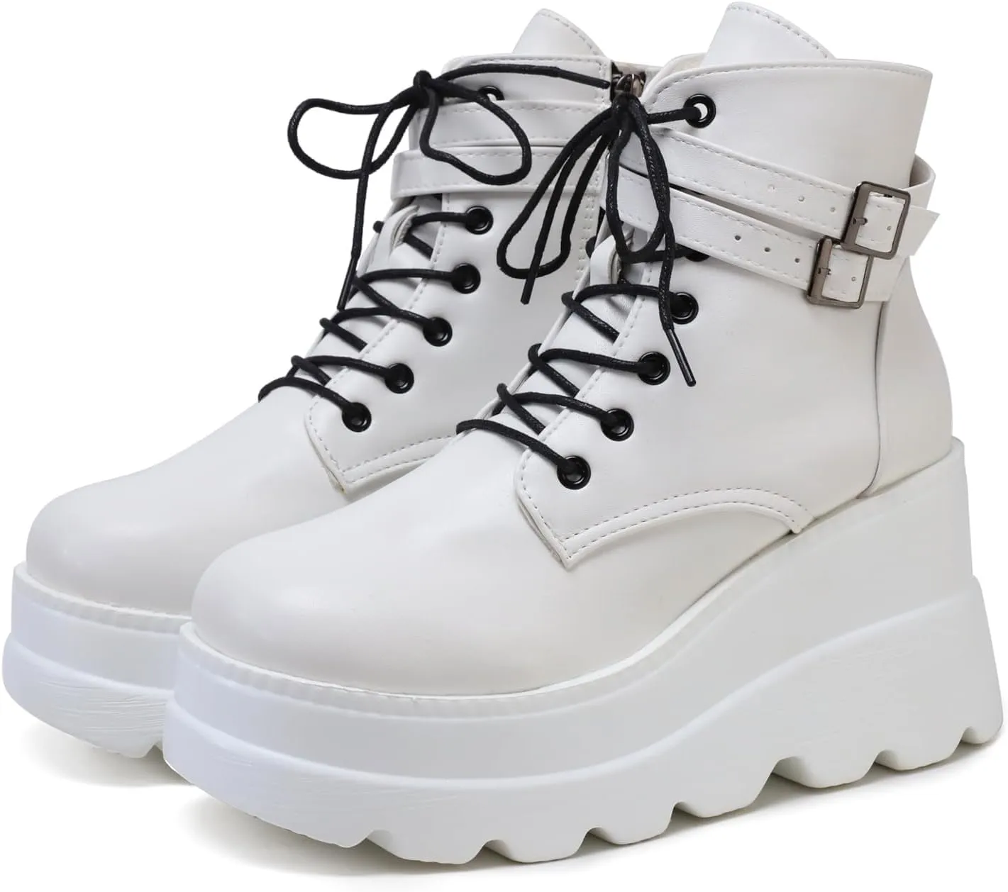 Womens Goth Platform Boots Chunky High Heel Booties Round Toe Combat Ankle Boots Womens Lace Up Motorcycle Wedges Shoes