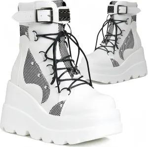 Womens Goth Platform Boots Chunky High Heel Booties Round Toe Combat Ankle Boots Womens Lace Up Motorcycle Wedges Shoes