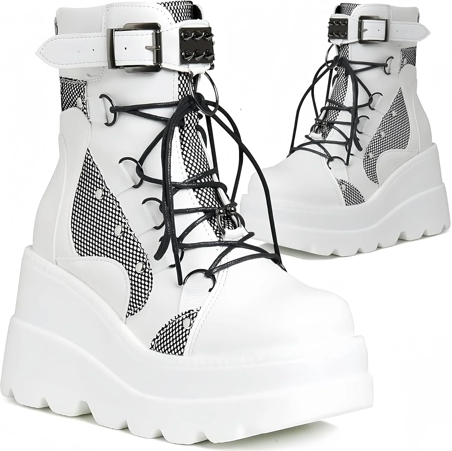Womens Goth Platform Boots Chunky High Heel Booties Round Toe Combat Ankle Boots Womens Lace Up Motorcycle Wedges Shoes